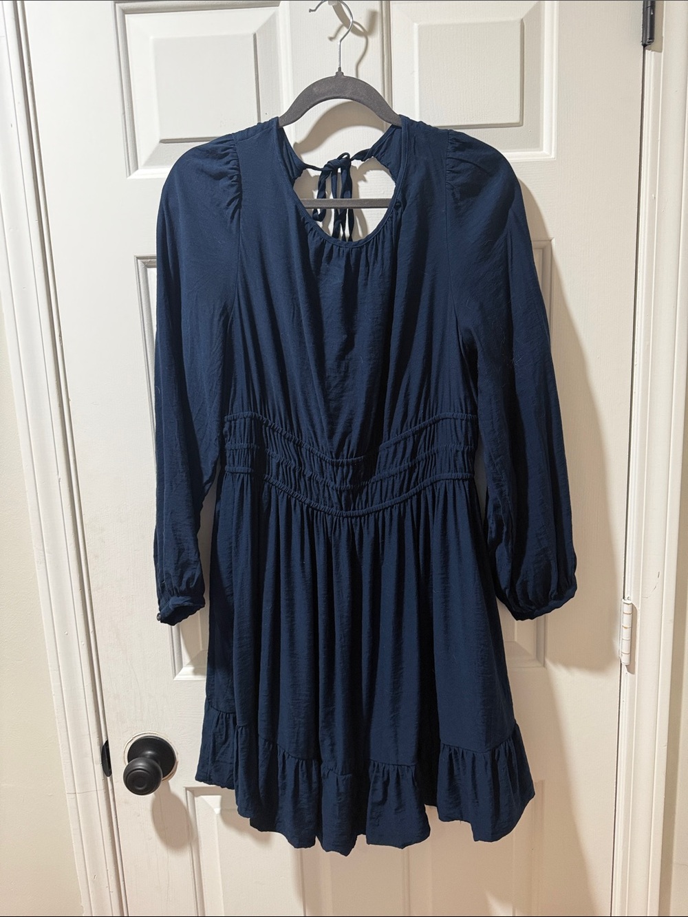 Madewell Deep Navy Long-Sleeve Smocked Waist Tie-Back Dress